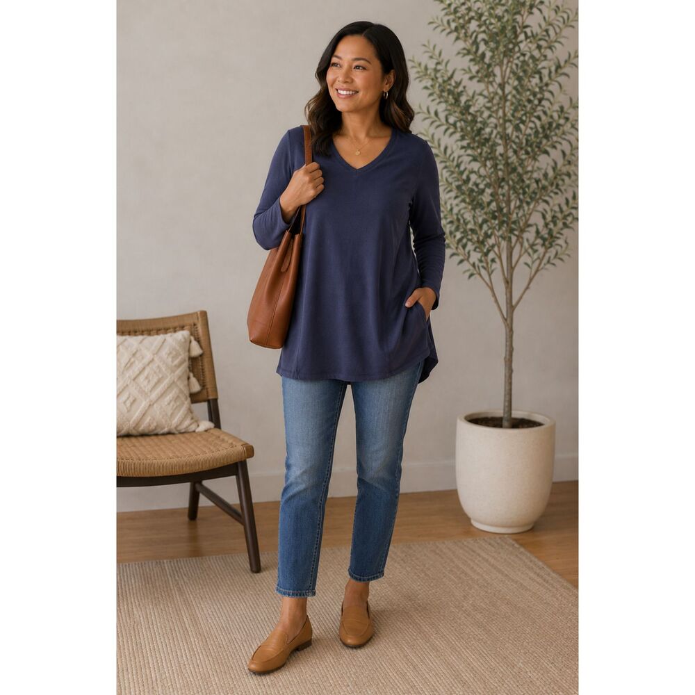 Soft Surroundings Modal V Neck Tunic Top Blue Long Sleeve Petite Medium